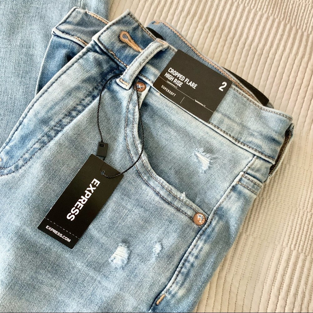 | express • distressed cropped flare hi rise denim jeans | - Picture 8 of 14